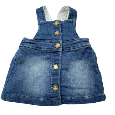 Girls Bardot Junior, stretchy knit denim overalls dress / pinafore, GUC, size 000, L: 34cm