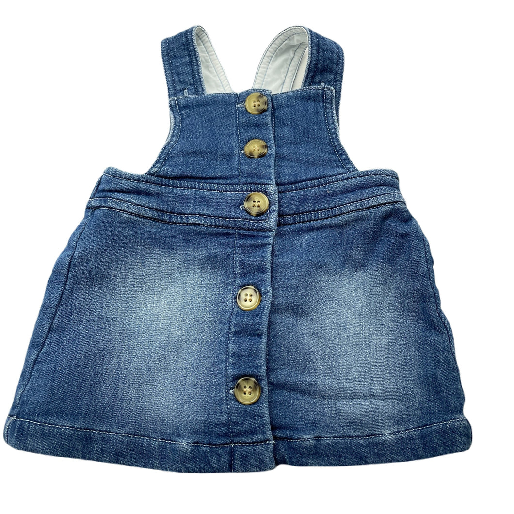 Girls Bardot Junior, stretchy knit denim overalls dress / pinafore, GUC, size 000, L: 34cm