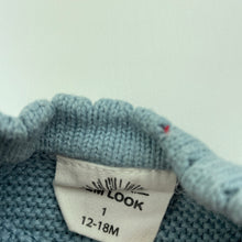 Load image into Gallery viewer, Girls GEM LOOK, blue knitted cotton cardigan / sweater, light mark on cuff, FUC, size 1,  