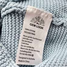 Load image into Gallery viewer, Girls GEM LOOK, blue knitted cotton cardigan / sweater, light mark on cuff, FUC, size 1,  