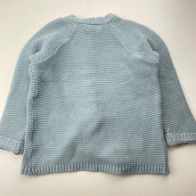 Load image into Gallery viewer, Girls GEM LOOK, blue knitted cotton cardigan / sweater, light mark on cuff, FUC, size 1,  
