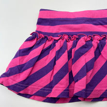 Load image into Gallery viewer, Girls Little House, pink &amp; purple stripe cotton skirt, elasticated, L: 21cm, W: 22cm across unstretched, GUC, size 2-3,  