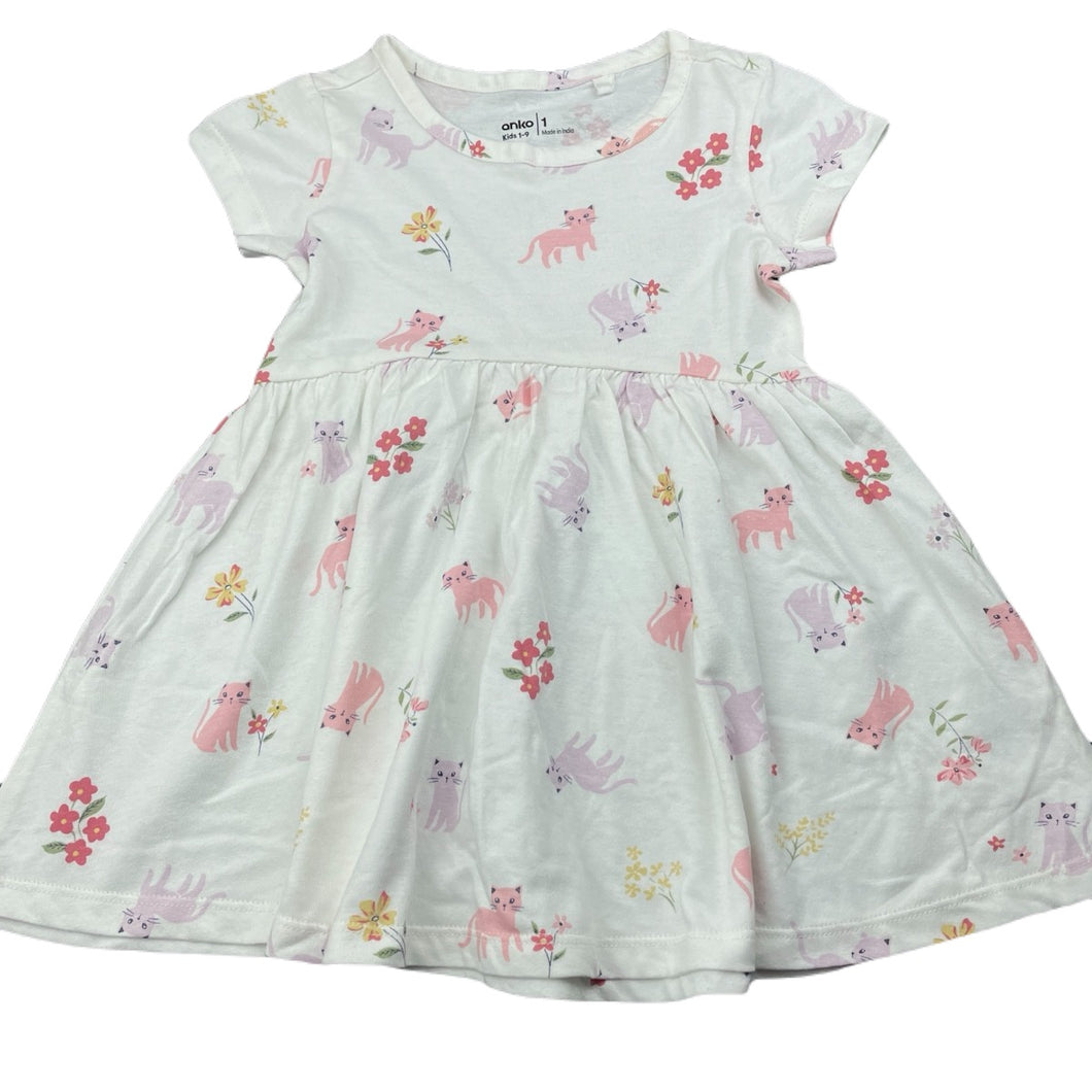 Girls Anko, cotton short sleeve dress, cats, EUC, size 1, L: 43cm