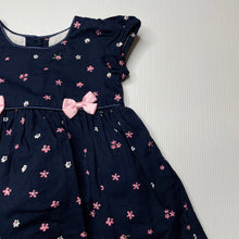 Load image into Gallery viewer, Girls Blue Sky, lined navy floral cotton dress, GUC, size 000, L: 33cm
