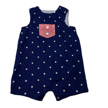 Load image into Gallery viewer, unisex Little Me, navy cotton romper, stars &amp; stripes, GUC, size 6 months,  