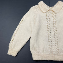 Load image into Gallery viewer, Girls handmade, knitted sweater / jumper, small mark left shoulder, armpit to armpit: 26.5cm, armpit to cuff: 20cm, FUC, size 1,  