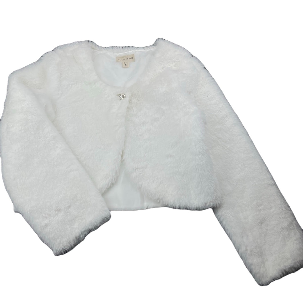 Girls Designer Kidz, lined faux fur cropped jacket, L: 36cm, EUC, size 8,  