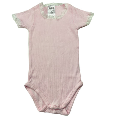 Girls Baby Baby, lace trim ribbed cotton bodysuit / romper, EUC, size 0,  