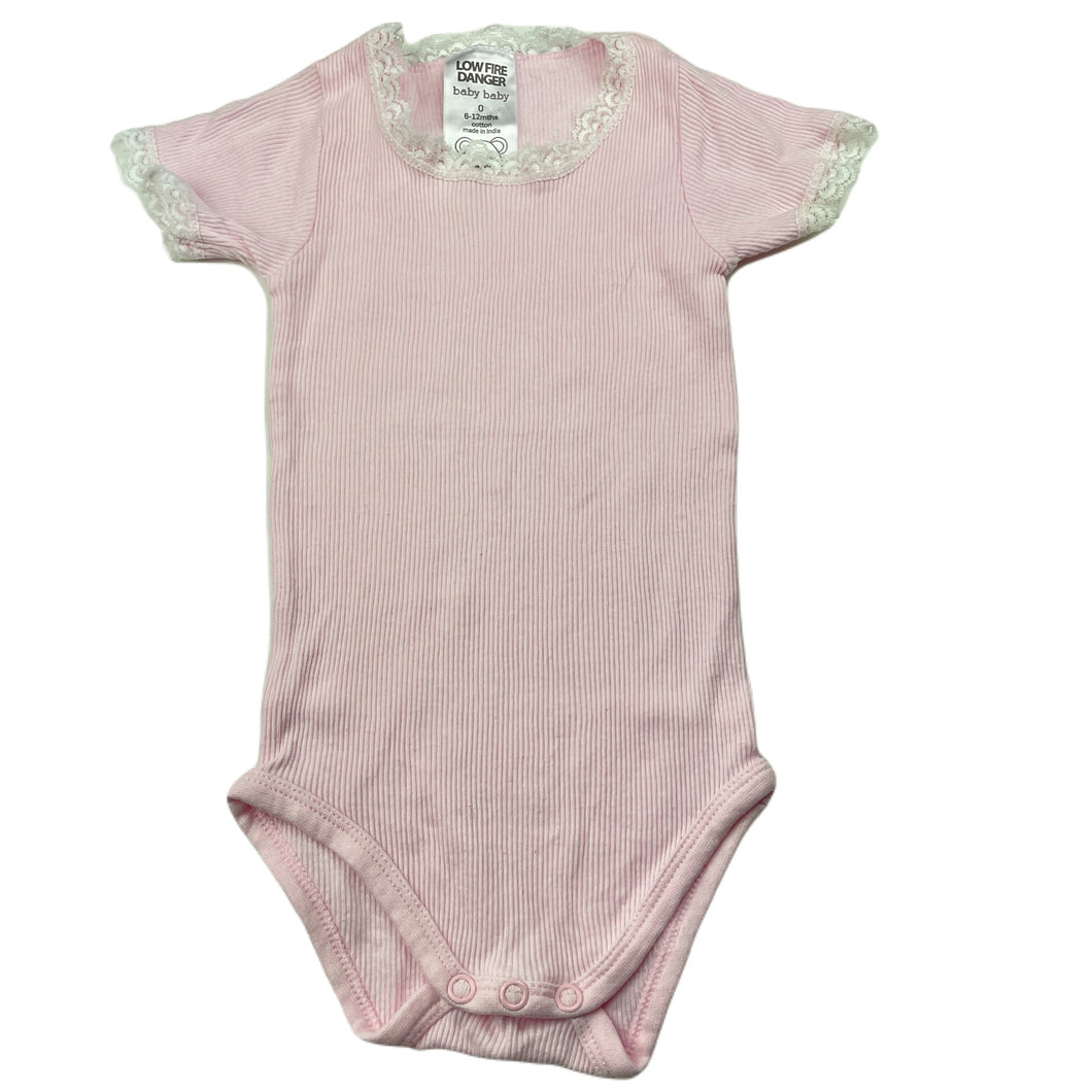 Girls Baby Baby, lace trim ribbed cotton bodysuit / romper, EUC, size 0,  
