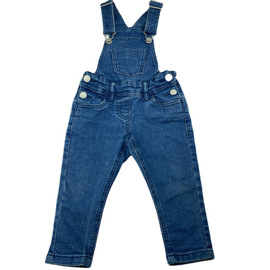 Girls H&T, blue stretch denim overalls / dungarees, light mark knee, FUC, size 1,  