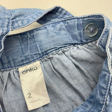 Load image into Gallery viewer, Girls Anko, chambray cotton overalls dress / pinafore, GUC, size 2, L: 44cm