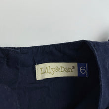 Load image into Gallery viewer, Girls Lily &amp; Dan, embroidered navy lightweight cotton dress, EUC, size 6, L: 67cm