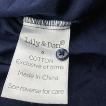 Load image into Gallery viewer, Girls Lily &amp; Dan, embroidered navy lightweight cotton dress, EUC, size 6, L: 67cm