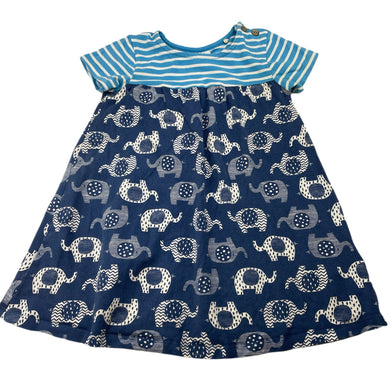 Girls Kite, organic cotton blend short sleeve dress, elephants, wash fade, FUC, size 2, L: 49cm
