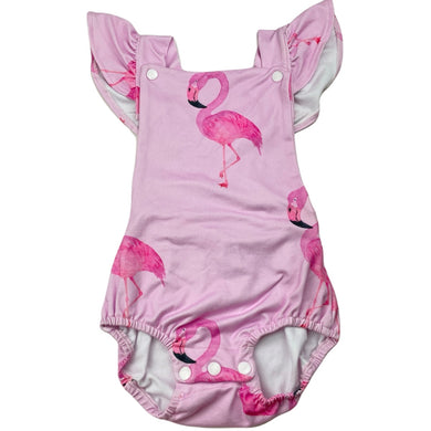 Girls Cheeky Chickadee, soft feel stretchy romper, flamingos + bag, NEW, size 1,  