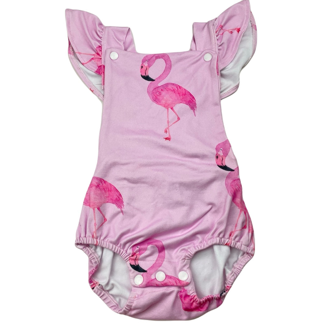Girls Cheeky Chickadee, soft feel stretchy romper, flamingos + bag, NEW, size 1,  