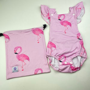 Girls Cheeky Chickadee, soft feel stretchy romper, flamingos + bag, NEW, size 1,  