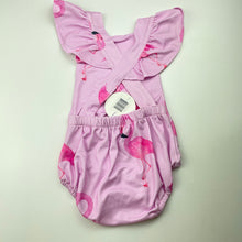 Load image into Gallery viewer, Girls Cheeky Chickadee, soft feel stretchy romper, flamingos + bag, NEW, size 1,  