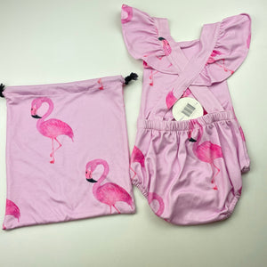 Girls Cheeky Chickadee, soft feel stretchy romper, flamingos + bag, NEW, size 1,  