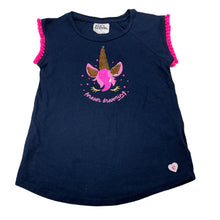 Load image into Gallery viewer, Girls Eve&#39;s Sister, navy cotton flip sequin t-shirt / top, unicorn, GUC, size 7,  