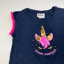 Load image into Gallery viewer, Girls Eve&#39;s Sister, navy cotton flip sequin t-shirt / top, unicorn, GUC, size 7,  