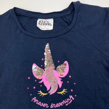 Load image into Gallery viewer, Girls Eve&#39;s Sister, navy cotton flip sequin t-shirt / top, unicorn, GUC, size 7,  