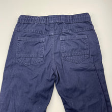 Load image into Gallery viewer, Boys navy, cotton pants, elasticated, Inside leg: 46cm, labels removed, W: 28cm across unstretched, GUC, size 5-7,  