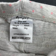 Load image into Gallery viewer, Girls Dymples, grey &amp; pink spot ruffle leggings / bottoms, GUC, size 000,  
