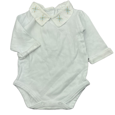 unisex Poupon, cotton bodysuit / romper, embroidered collar, EUC, size 0000,  