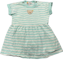 Load image into Gallery viewer, Girls Steiff, stretchy striped romper dress, teddy bear, EUC, size 000,  