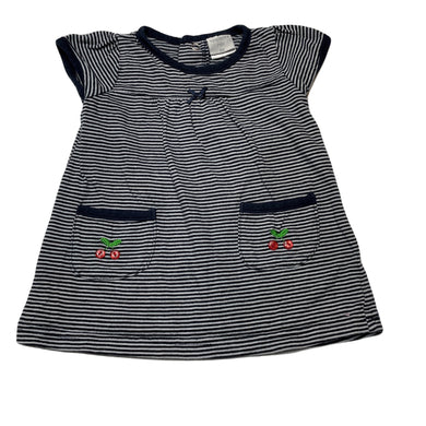 Girls Papoose Mini, navy stripe cotton dress, GUC, size 00, L: 32cm