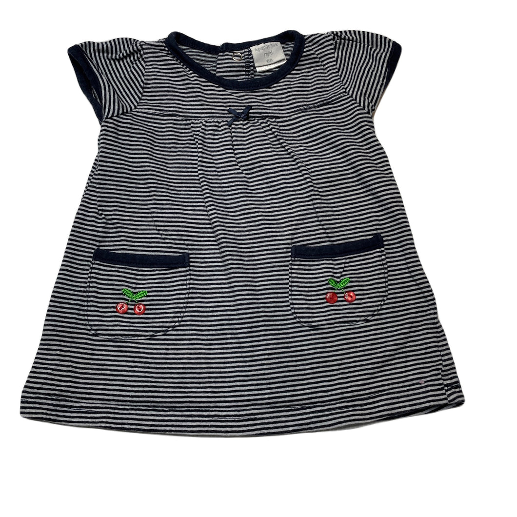 Girls Papoose Mini, navy stripe cotton dress, GUC, size 00, L: 32cm