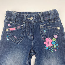 Load image into Gallery viewer, Girls JK Kids, embroidered denim pants, adjustable, Inside leg: 32.5cm, GUC, size 2,  