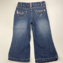 Load image into Gallery viewer, Girls JK Kids, embroidered denim pants, adjustable, Inside leg: 32.5cm, GUC, size 2,  