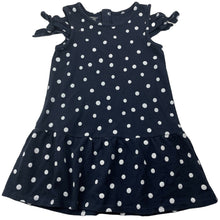 Load image into Gallery viewer, Girls TOUGHSKINS, navy &amp; white spot open-shoulder dress, GUC, size 5-6, L: 55cm