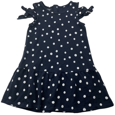 Girls TOUGHSKINS, navy & white spot open-shoulder dress, GUC, size 5-6, L: 55cm