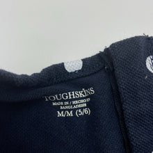 Load image into Gallery viewer, Girls TOUGHSKINS, navy &amp; white spot open-shoulder dress, GUC, size 5-6, L: 55cm