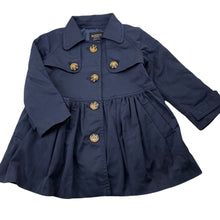 Load image into Gallery viewer, Girls Bardot Junior, lined navy trenchcoat, marks lower front, L: 42cm, FUC, size 2,  