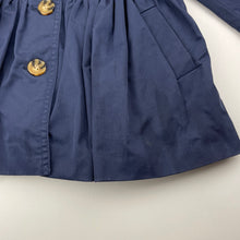 Load image into Gallery viewer, Girls Bardot Junior, lined navy trenchcoat, marks lower front, L: 42cm, FUC, size 2,  