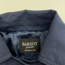 Load image into Gallery viewer, Girls Bardot Junior, lined navy trenchcoat, marks lower front, L: 42cm, FUC, size 2,  