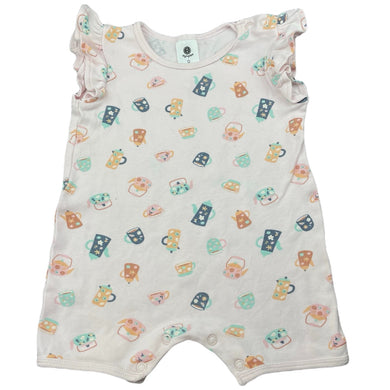 Girls Dymples, pink cotton romper, teapots, GUC, size 0,  