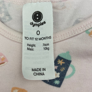 Girls Dymples, pink cotton romper, teapots, GUC, size 0,  