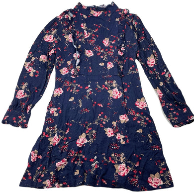 Girls Witchery, navy floral viscose long sleeve dress, wash fade, FUC, size 5, L: 58cm