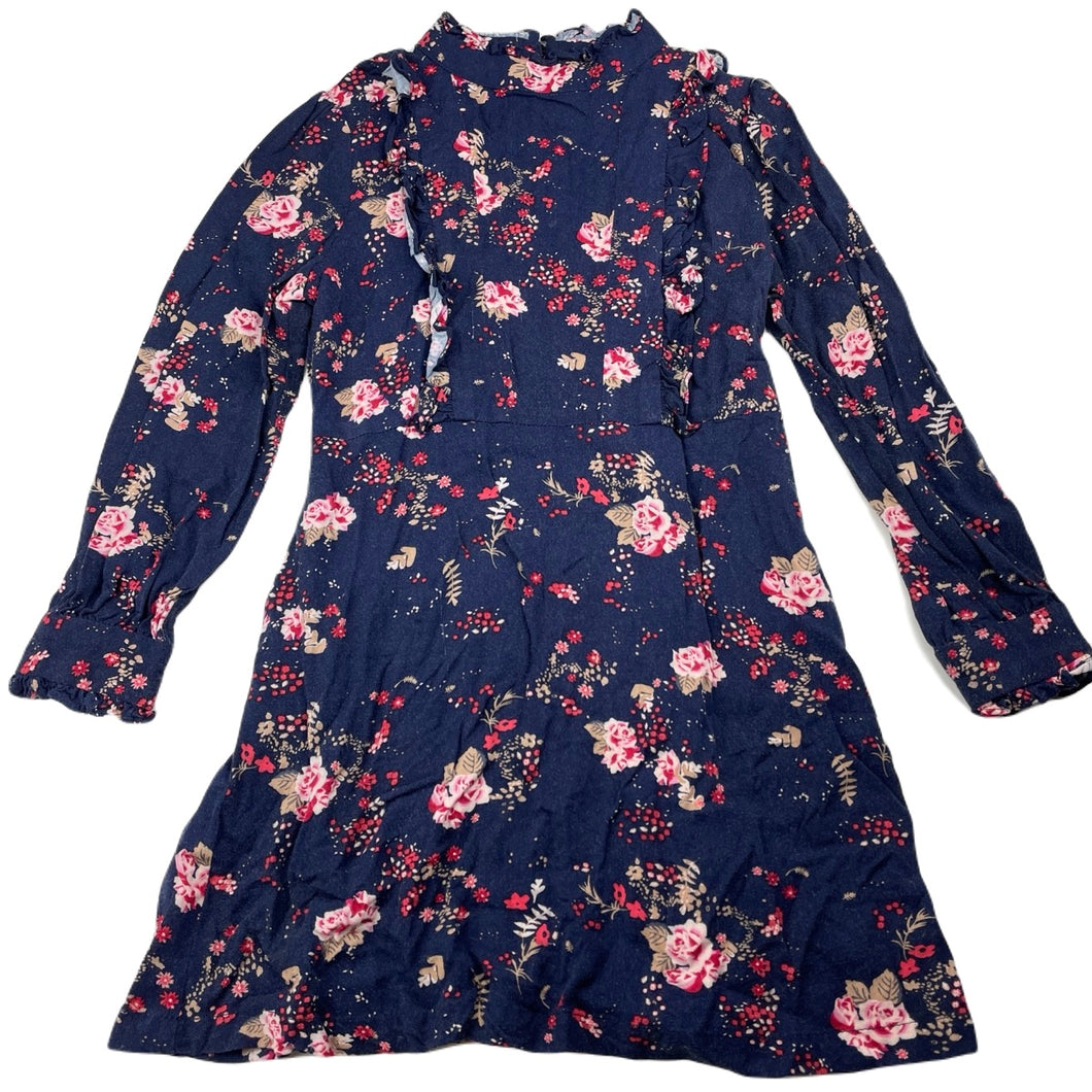 Girls Witchery, navy floral viscose long sleeve dress, wash fade, FUC, size 5, L: 58cm