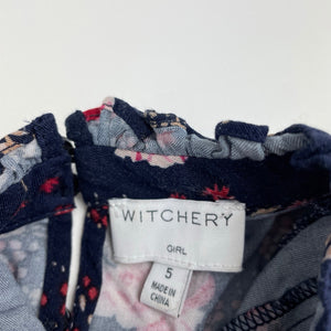 Girls Witchery, navy floral viscose long sleeve dress, wash fade, FUC, size 5, L: 58cm