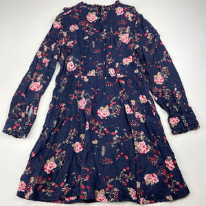 Girls Witchery, navy floral viscose long sleeve dress, wash fade, FUC, size 5, L: 58cm