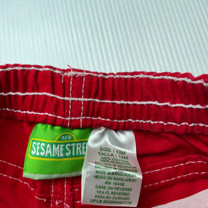 Girls Seasame Street, red cotton cropped pants, elasticated, Inside leg: 14.5cm, EUC, size 12 months,  