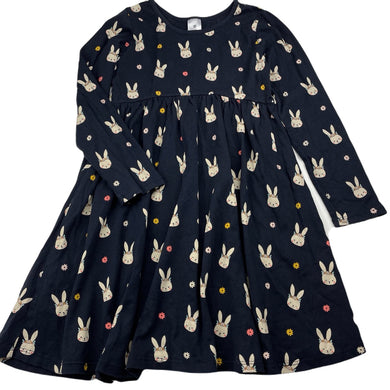 Girls Target, navy cotton long sleeve dress, rabbits, EUC, size 7, L: 63cm