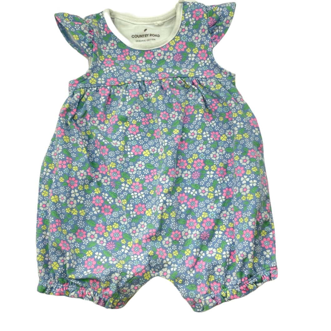 Girls Country Road, floral organic cotton blend romper, GUC, size 000,  