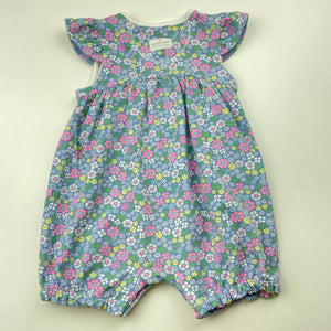 Girls Country Road, floral organic cotton blend romper, GUC, size 000,  